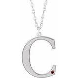 Rhodium-Plated Sterling Silver Engravable Imitation Mozambique Garnet Initial C 18" Necklace