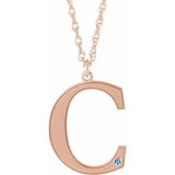 14K Rose Engravable Imitation Aquamarine Initial C 18" Necklace