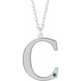 14K White Engravable Imitation Emerald Initial C 18" Necklace