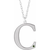 Rhodium-Plated Sterling Silver Engravable Imitation Peridot Initial C 18" Necklace