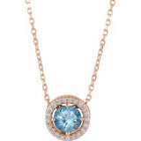 14K Rose Natural Aquamarine &amp; .05 CTW Natural Diamond Halo-Style 16" Necklace