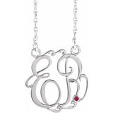 Rhodium-Plated Sterling Silver 20 mm 2-Initials Imitation Ruby Script Monogram 18" Necklace