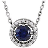 Platinum Natural Blue Sapphire &amp; .05 CTW Natural Diamond Halo-Style 16" Necklace
