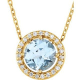 14K Yellow Natural Blue Zircon &amp; .05 CTW Natural Diamond Halo-Style 16" Necklace