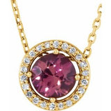 14K Yellow Natural Pink Tourmaline &amp; .05 CTW Natural Diamond Halo-Style 16" Necklace