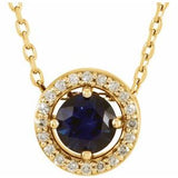 14K Yellow Lab-Grown Blue Sapphire &amp; .05 CTW Natural Diamond Halo-Style 16" Necklace