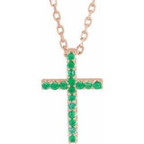 14K Rose Natural Emerald Petite Cross 16" Necklace