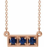 14K Rose Natural Blue Sapphire Three-Stone Bar 16-18" Necklace
