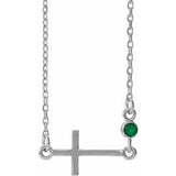 14K White Lab-Grown Emerald Sideways Cross 16-18" Necklace