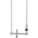 14K White Natural Amethyst Sideways Cross 16-18" Necklace