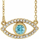 14K Yellow Natural Zircon &amp; Natural White Sapphire Evil Eye 16" Necklace