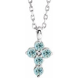 Platinum Natural Aquamarine Cross 16-18" Necklace