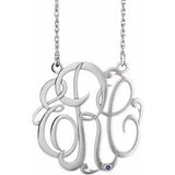 Rhodium-Plated Sterling Silver 25 mm 3-Initials Imitation Blue Zircon Script Monogram 18" Necklace