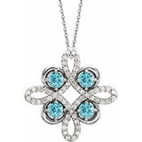 Platinum Natural Blue Zircon &amp; 1/8 CTW Natural Diamond Clover 18" Necklace