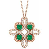 14K Rose Natural Emerald &amp; 1/6 CTW Natural Diamond Clover 18" Necklace