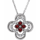 14K White Natural Mozambique Garnet &amp; .08 CTW Natural Diamond Clover 18" Necklace