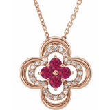 14K Rose Natural Ruby &amp; .08 CTW Natural Diamond Clover 18" Necklace