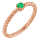 14K Rose 3mm Natural Emerald Solitaire Rope Ring