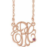 14K Rose 25 mm 3-Initials Imitation Pink Tourmaline Script Monogram 18" Necklace