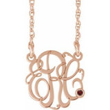 14K Rose 25 mm 3-Initials Imitation Mozambique Garnet Script Monogram 18" Necklace