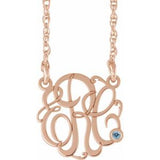 14K Rose 25 mm 3-Initials Imitation Aquamarine Script Monogram 18" Necklace