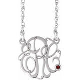 14K White 30 mm 3-Initials Imitation Mozambique Garnet Script Monogram 18" Necklace