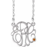 Rhodium-Plated Sterling Silver 20 mm 3-Initials Imitation Citrine Script Monogram 18" Necklace