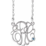 Rhodium-Plated Sterling Silver 25 mm 3-Initials Imitation Aquamarine Script Monogram 18" Necklace